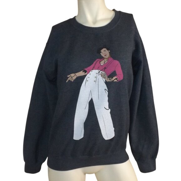 HARRY STYLES Sweatshirt, S, Gray, Cartoon/Caricature,long sleeve charcoal Gildan - Picture 6 of 9